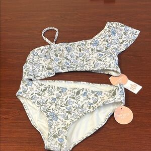 GB girls Blue, Green, and White Size 14 Floral Bikini with Ruffle Details